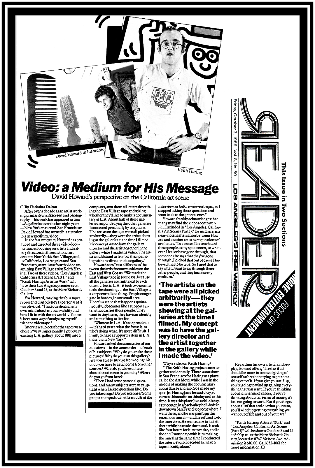 David Howard Photography L.A. Reader Interview od David E. T. Howard Concerning his producing and directing video documentaries of contemporary artists David E. T. Howard artist photographer