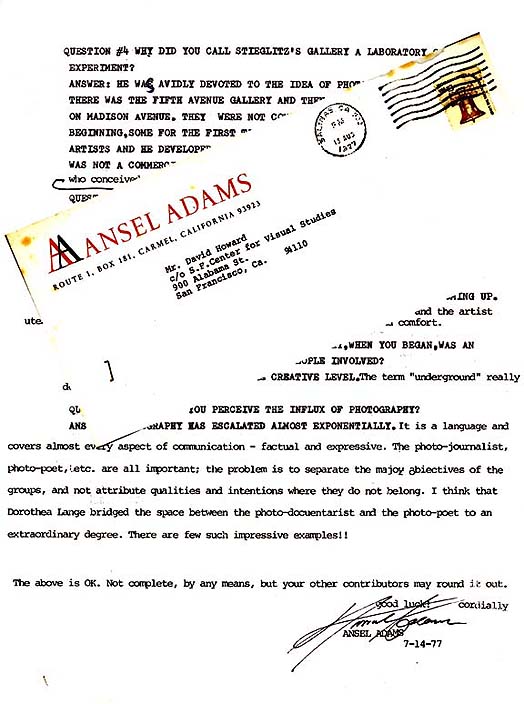 DAVID HOWARD ANSEL ADAMS LETTER DAVID HOWARD