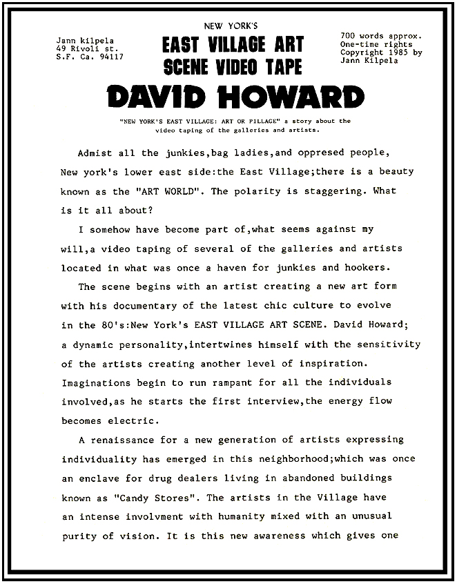 David Howard E. T. Howard Photographer Artist New York's East Village Art Scene Video tape Documentary David E. T. Howard Photographer Artist