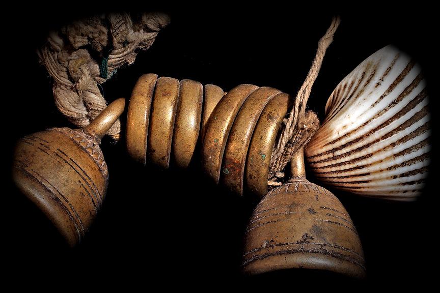 NAGA NECKLACE DETAIL BRASS BELLS, SHELL, BRASS COILS